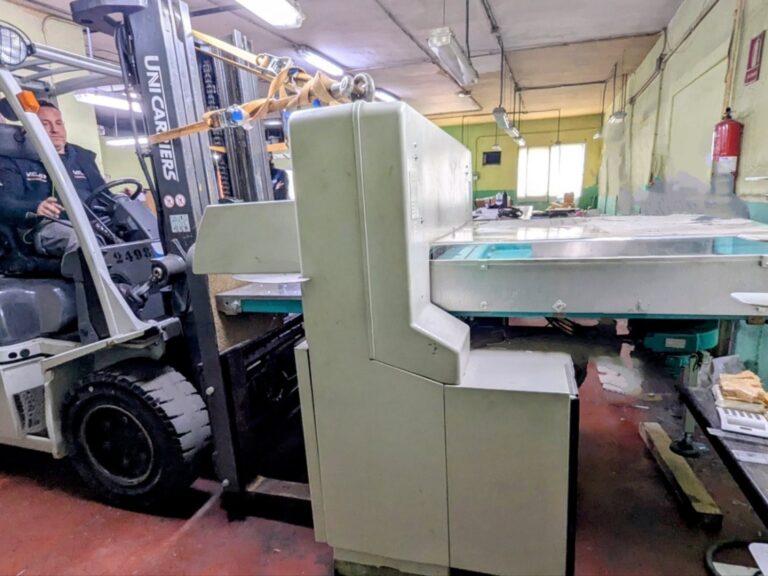 Movimiento de guillotina industrial PERFECTA de 3000 kg en Madrid con toro y camión pluma